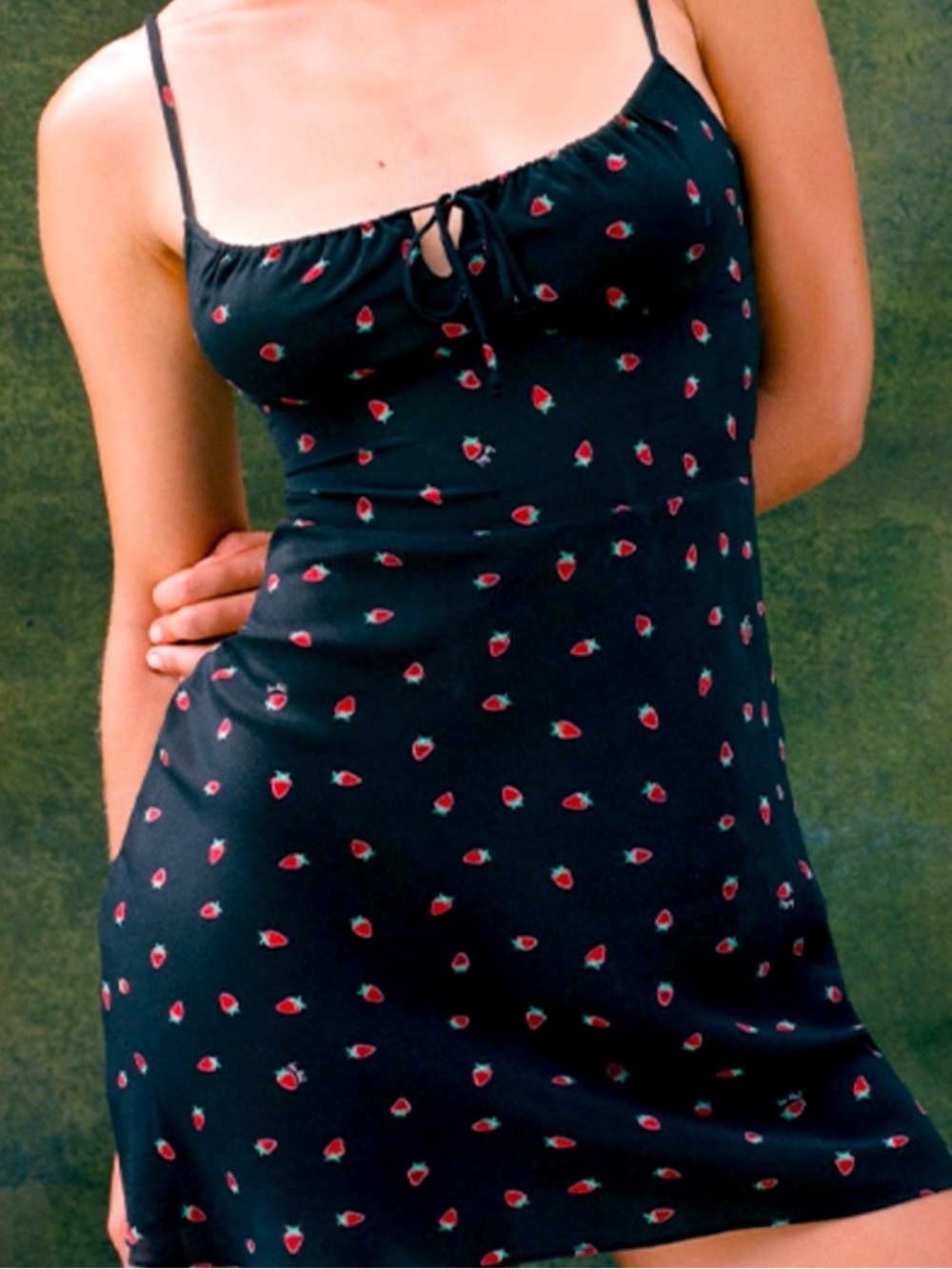 Realisation Par Black Slip Dress with Red Strawberry Print